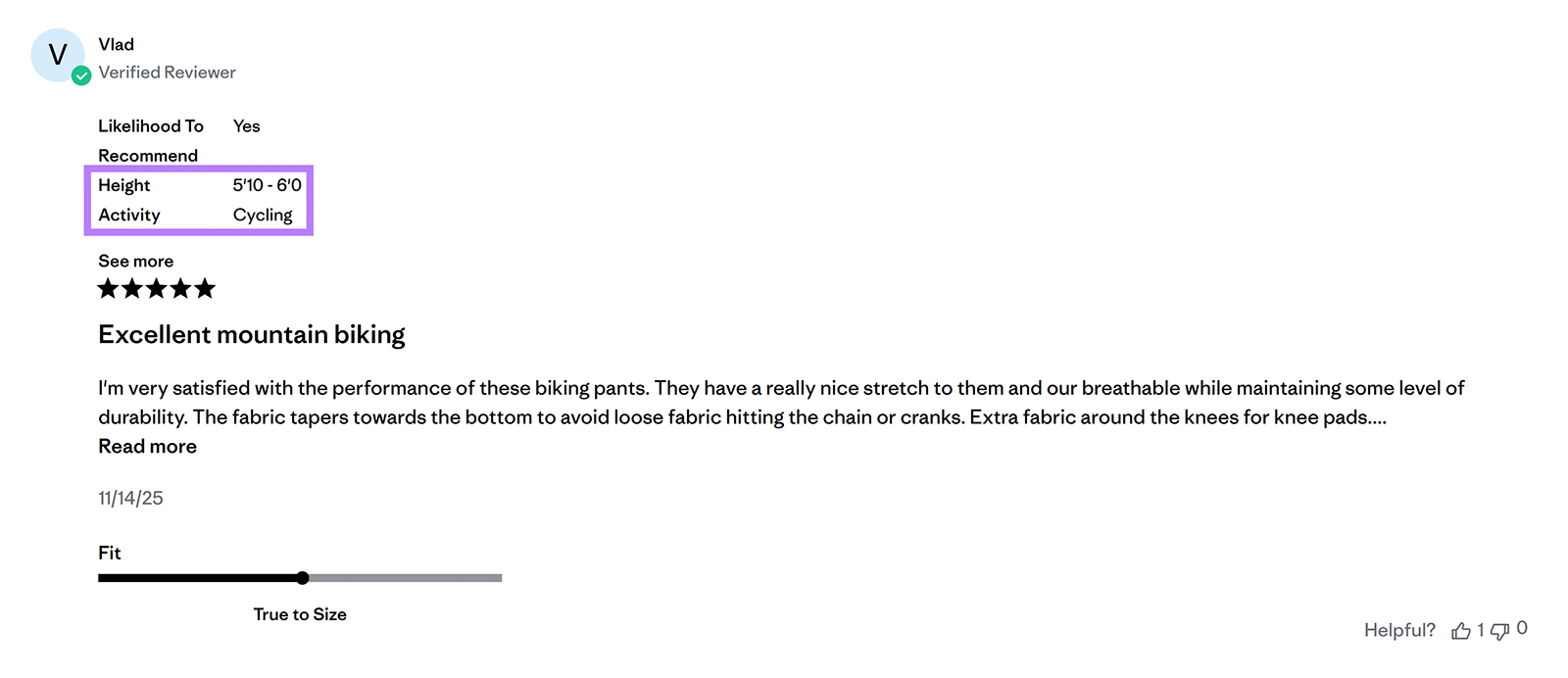 Product review snippet showing user height, activity, rating, and detailed feedback on biking pants