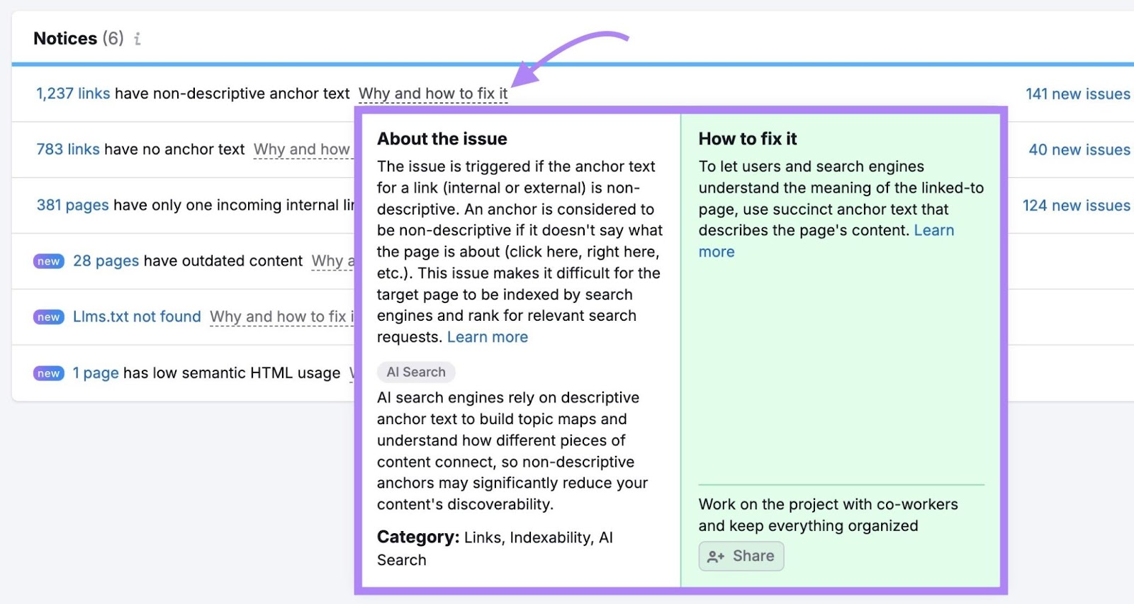 Site Audit issues with "Why and how to fix it" clicked next to a warning showing more information about it.