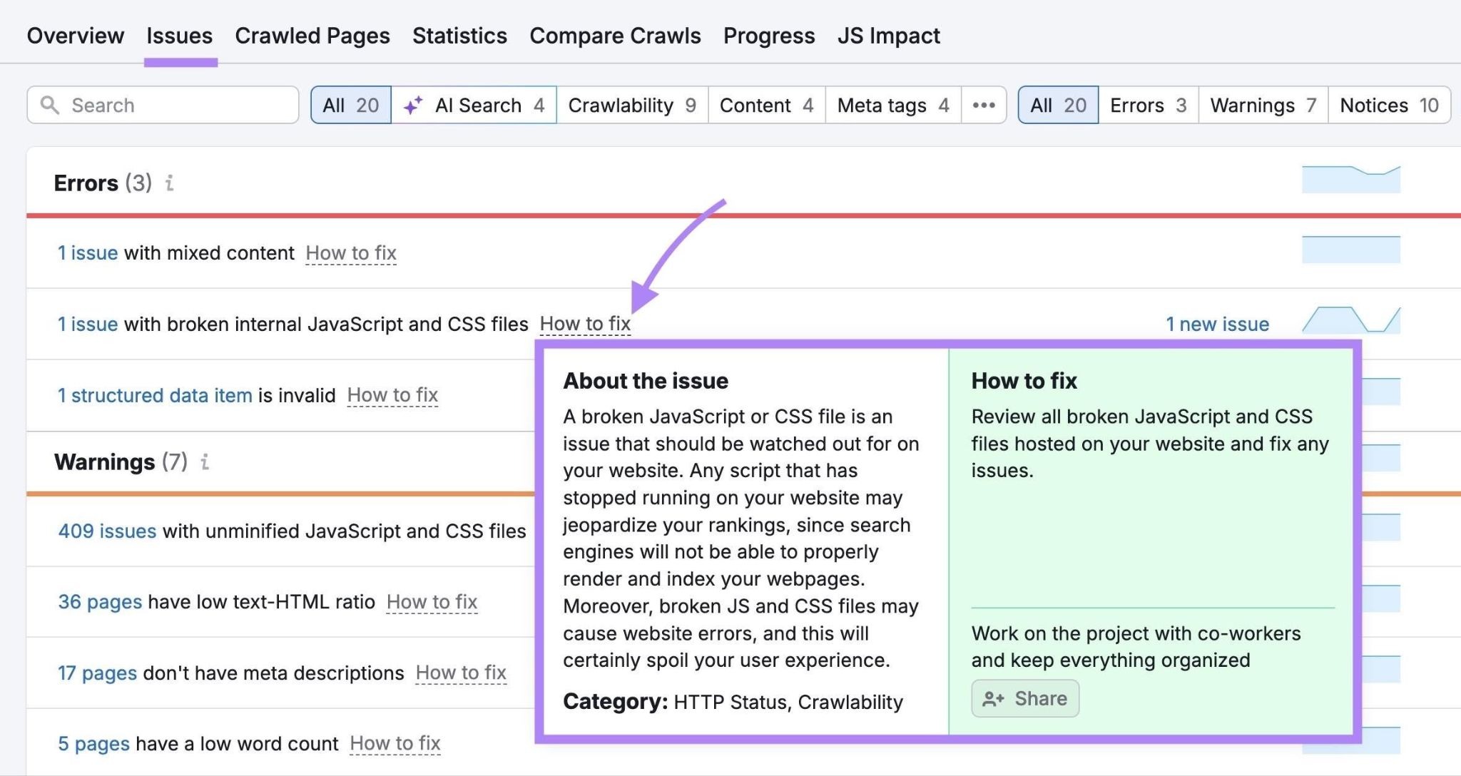 Site Audit Issues with "How to fix" next to an error clicked showing more information about the issue.