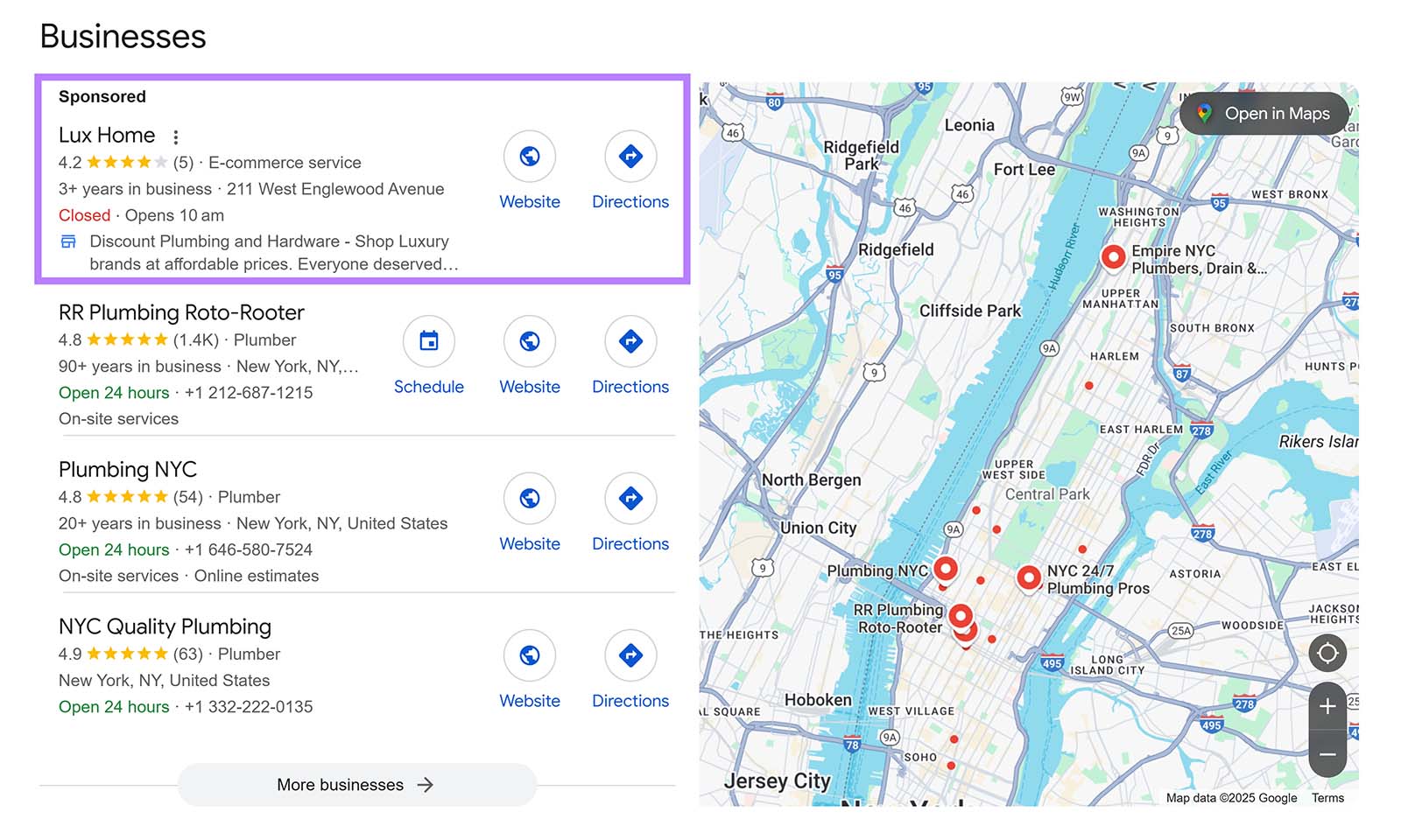 Google desktop search result with sponsored Lux Home listing at top of local plumbing business results
