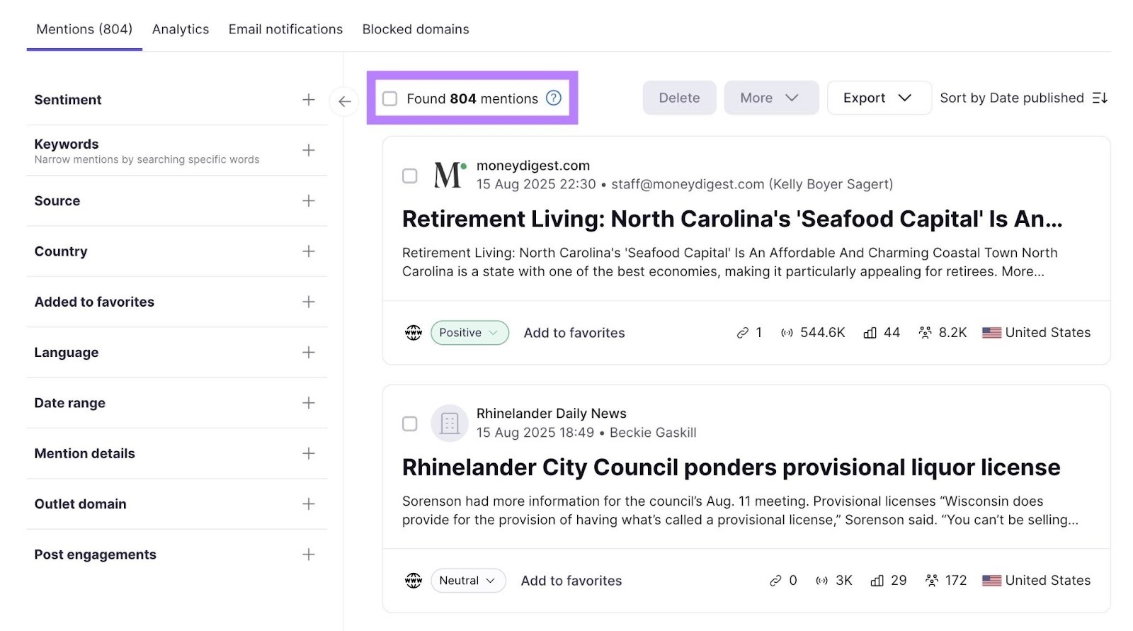The "Mentions" tab on Semrush's Brand Monitoring tool.