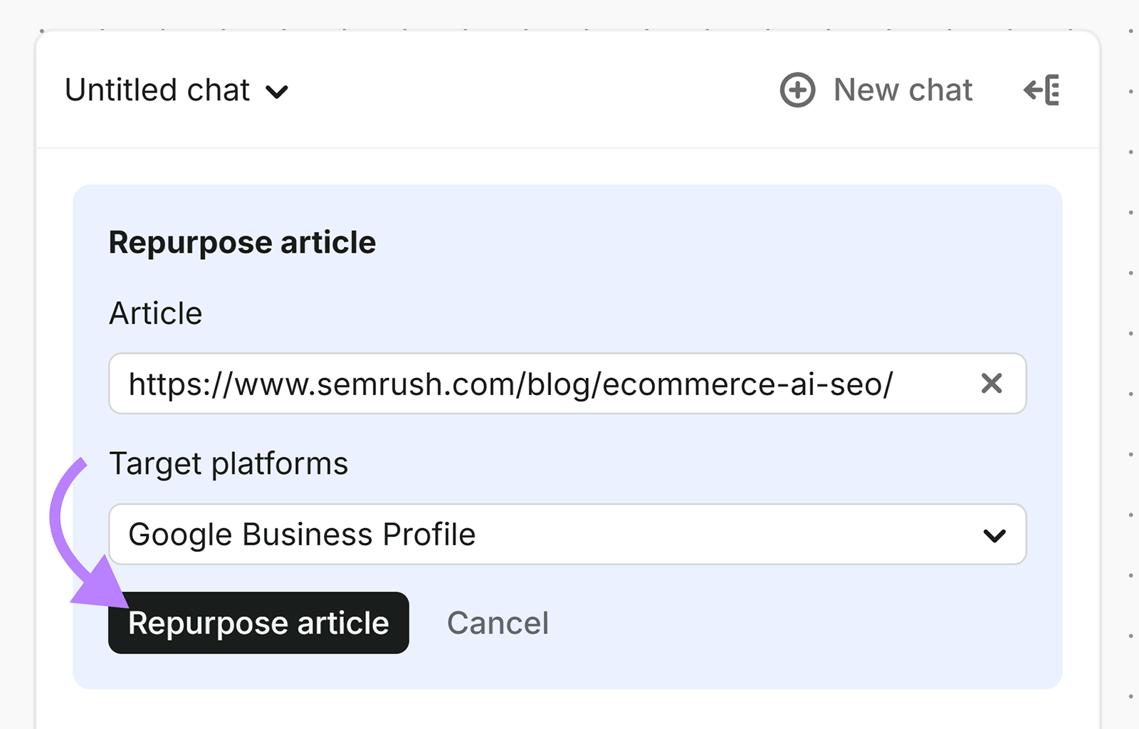 Article repurposing interface with Google Business Profile selected as the target platform