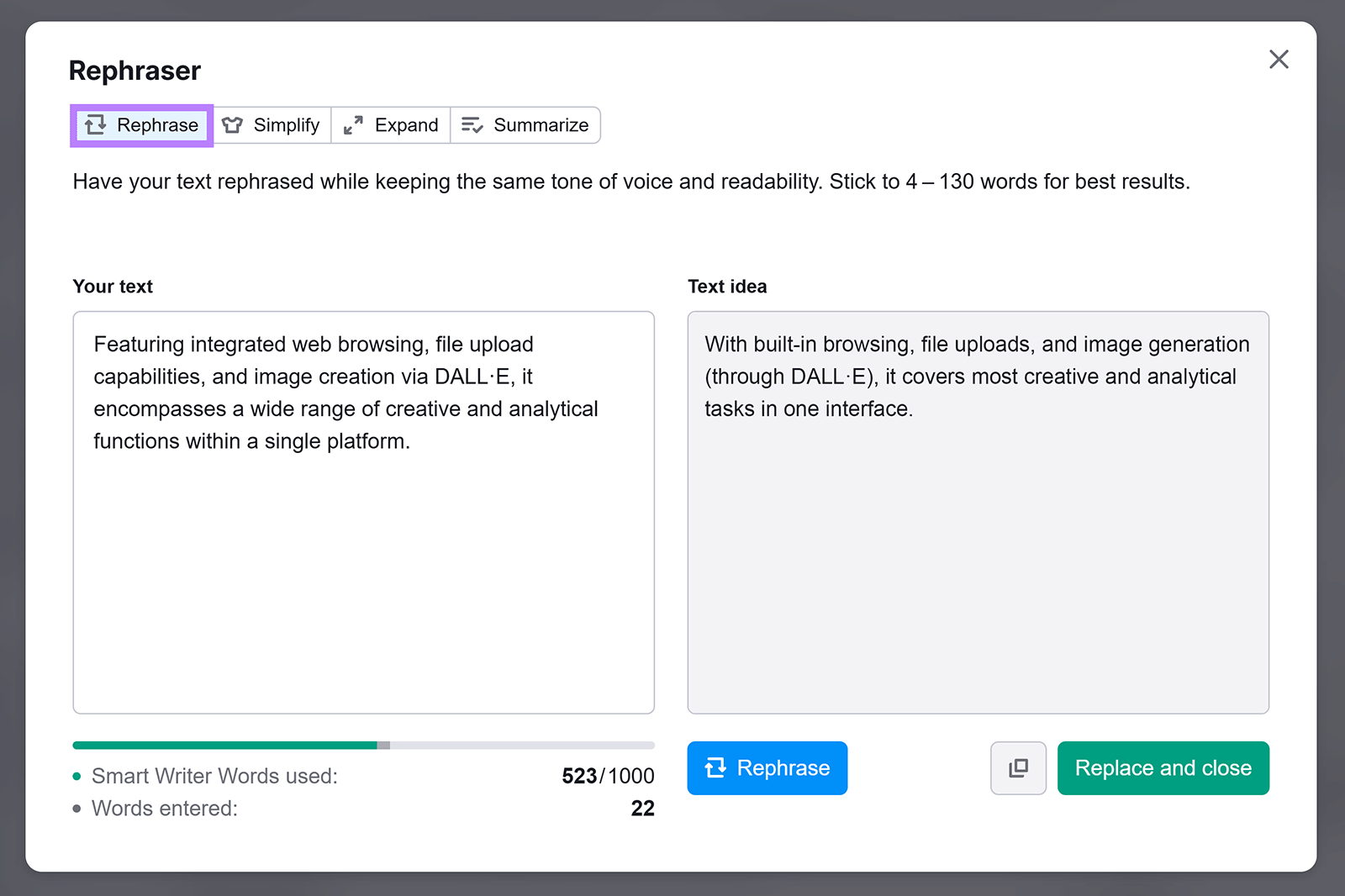 Smart Writer window showing original text on the left and a rephrased text idea on the right.
