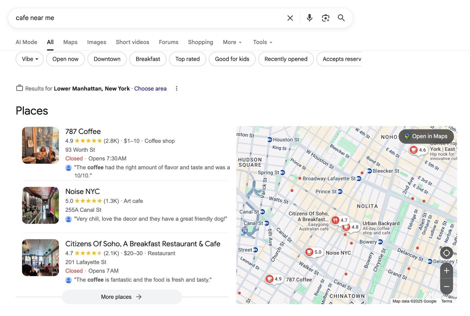 SERP for the term "cafe near me" yielding a local pack highlighting nearby businesses.