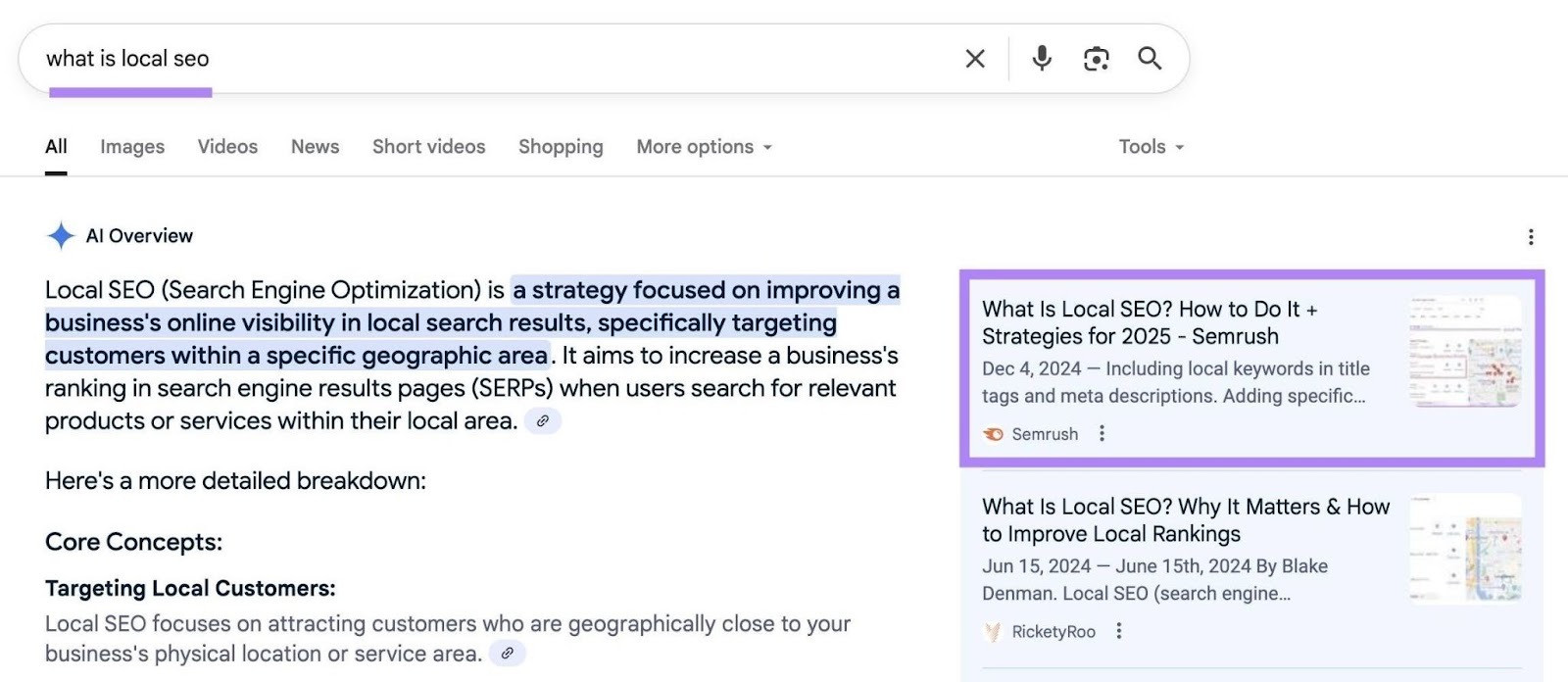 A successful example of generative engine optimization by Semrush with an article being cited as a source on Google's AI Overview.