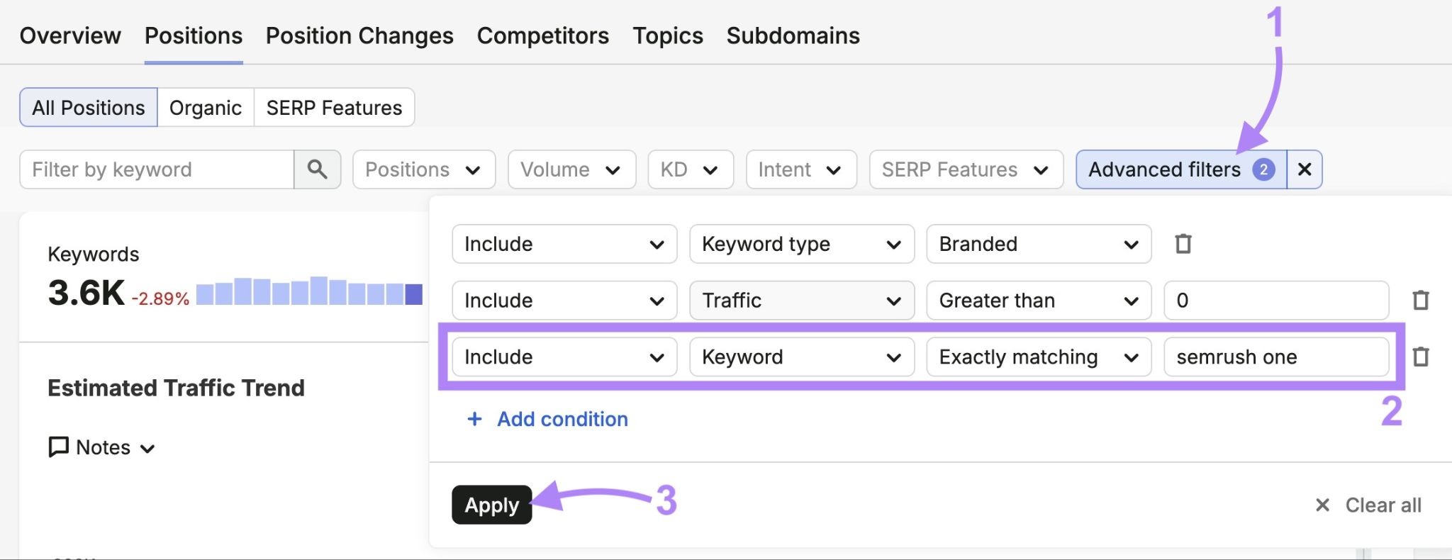 Applying an advanced filter to only show branded keywords related to a recent campaign generating traffic on the Organic Rankings tool.