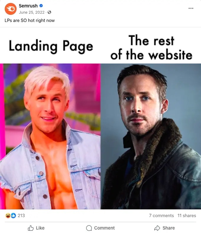 A Facebook post by Semrush using photos of actor Ryan Gosling referencing a, then, trending topic, the Barbie movie.