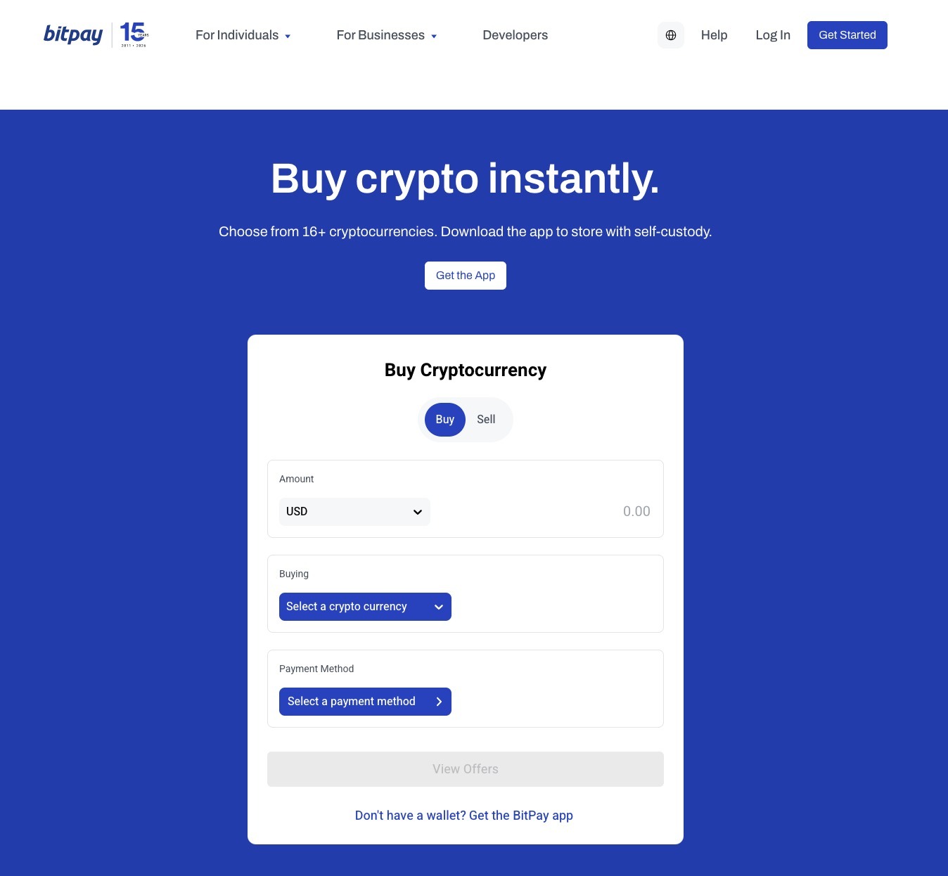 A purchase form on BitPay's page targeting the term "buy crypto online".