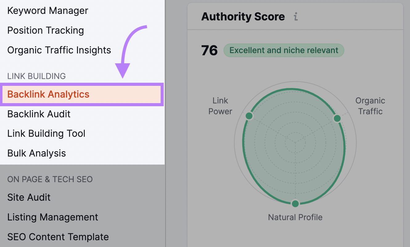 Navigating to "Backlinks" in Semrush.com’s left-hand menu