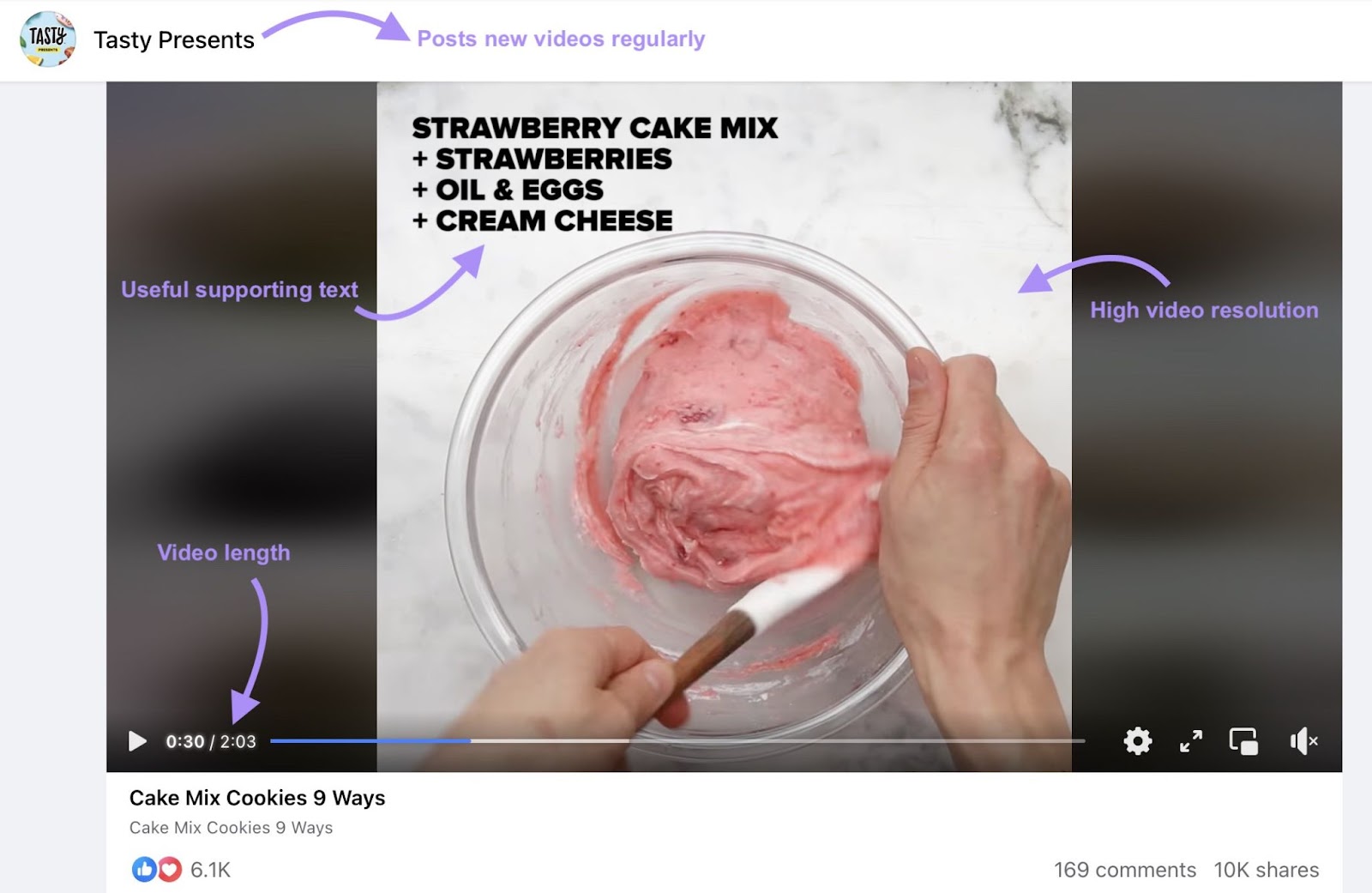 Tasty's Facebook video with useful supporting text, high video resolution, and video length elements marked