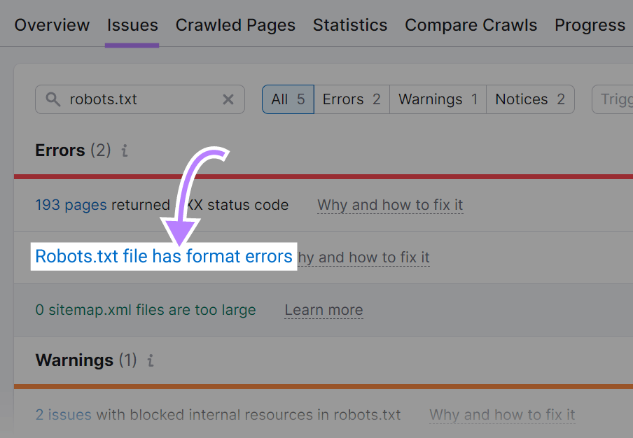 "Robots.txt file has format errors" issue highlighted in Site Audit tool