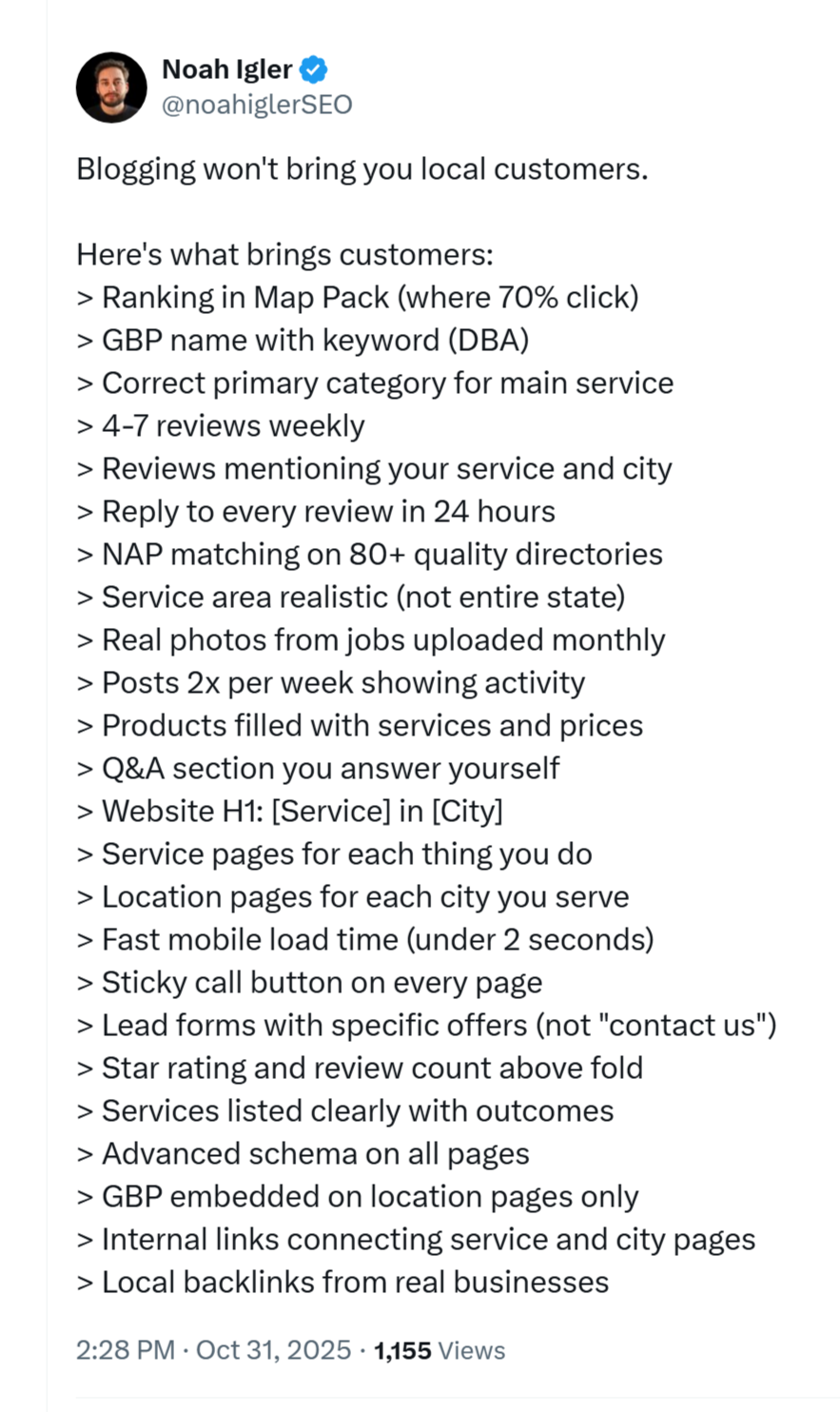 SEO export Noah Igler's post on X giving tips for local SEO.