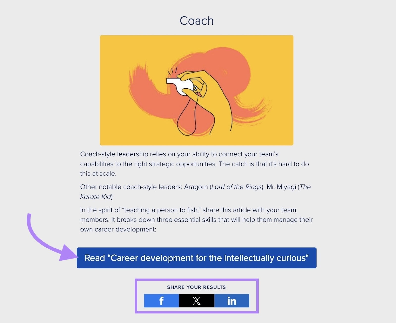 The personalized results of a quiz, by Atlassian, showing a CTA to another resource on the website and an option to share the results.