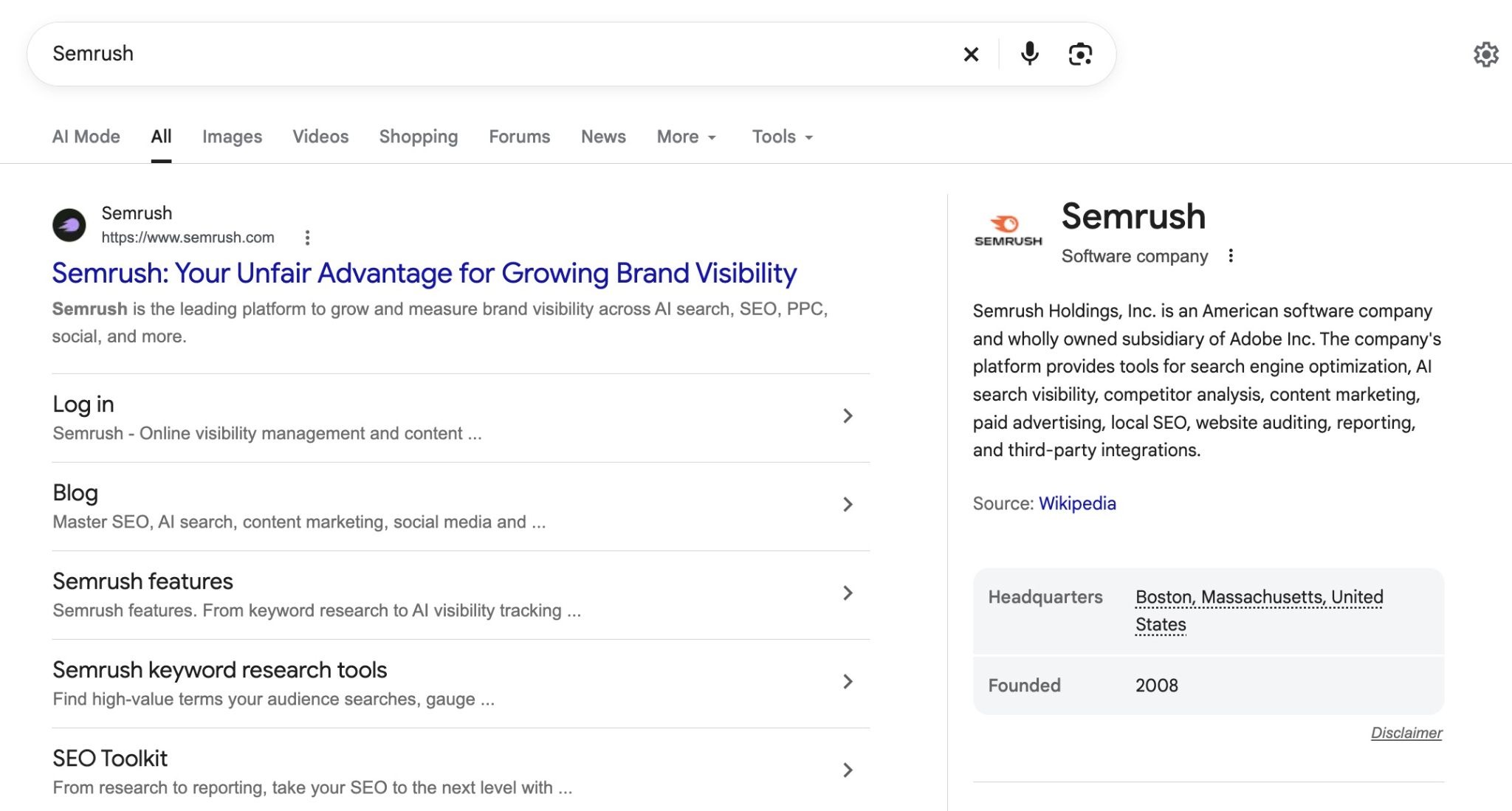 Google SERP for the term "Semrush" with the top result being the Semrush website with sitelinks.