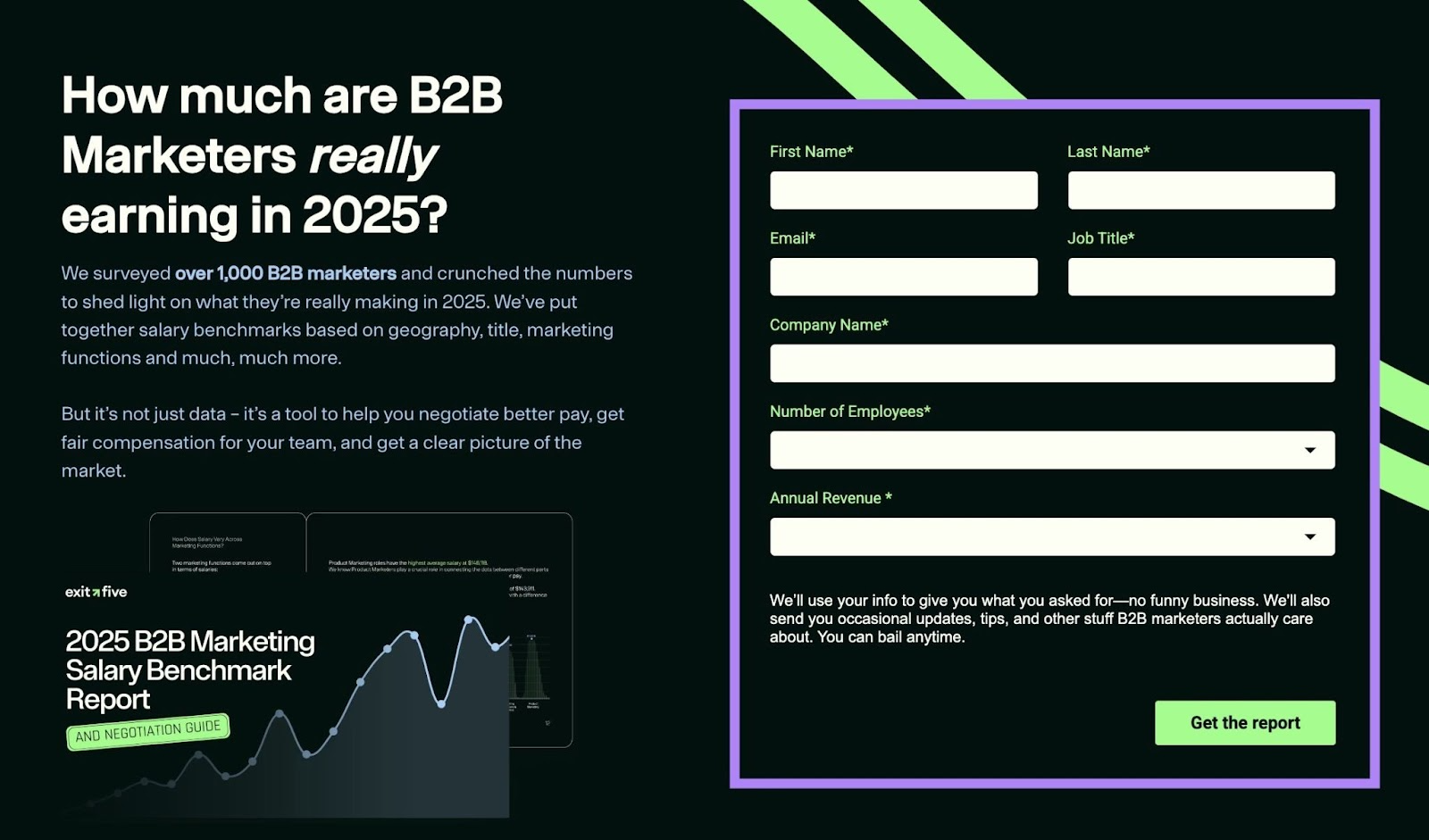 Exit Five using a sign up form as a lead magnet on their report "How much are B2B Marketers really earning in 2025?".