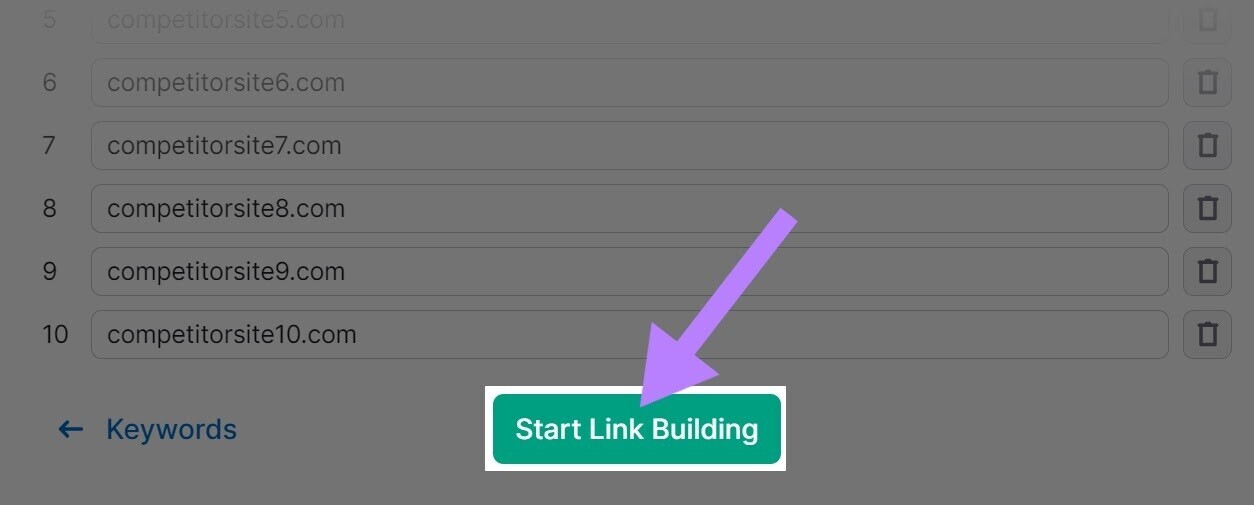“Start Link Building” button highlighted