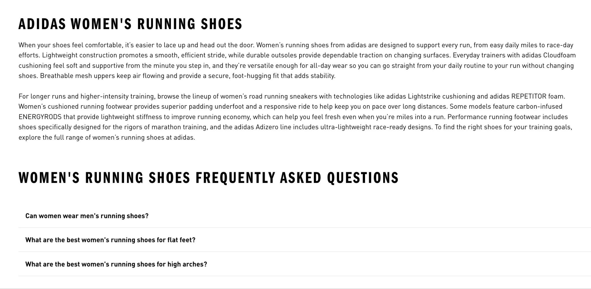 A section of a page by Adidas targeting the keyword "women's running shoes".
