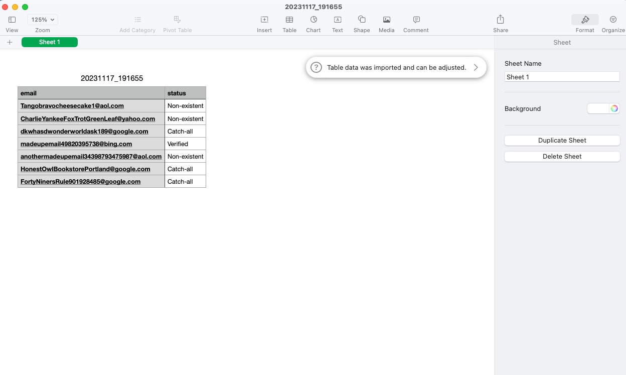 The example CSV file has a gray-and-white table full of email addresses. To the right, each email address&rsquo;s status is shown.  