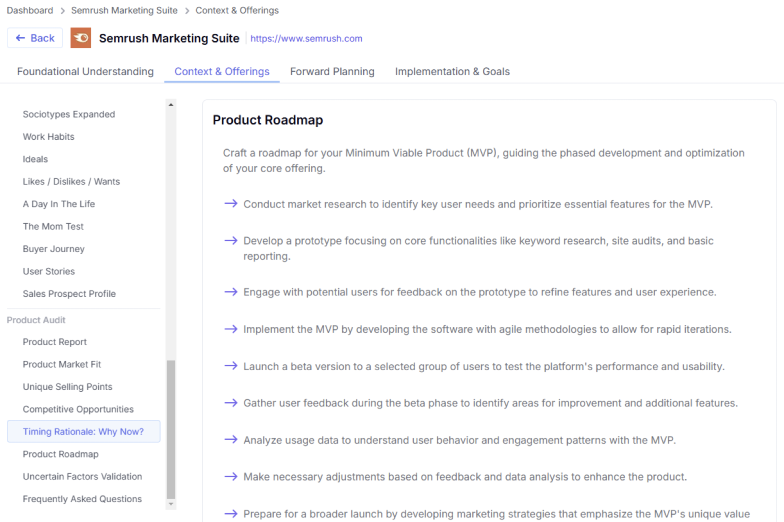 The &lsquo;Context & Offerings&rsquo; tab in AI Strategic Market Insights.