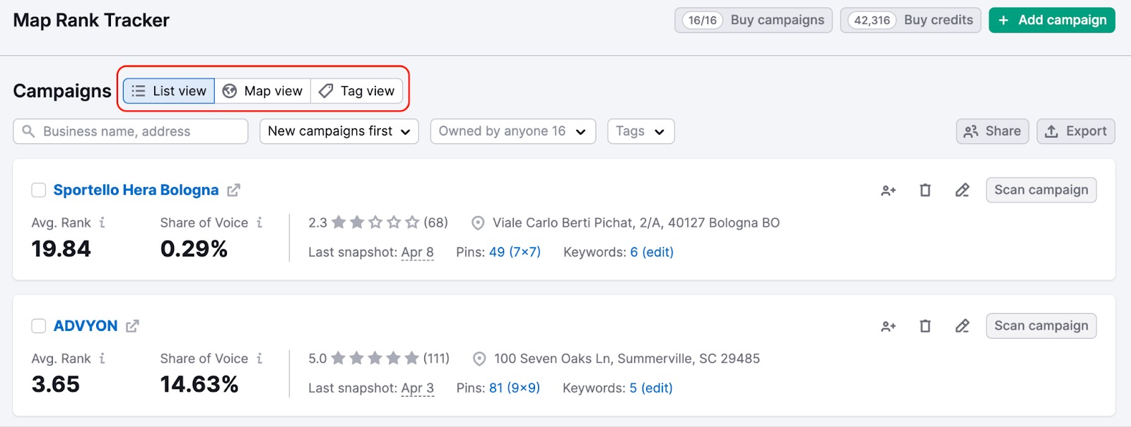 Map Rank Tracker main page displaying two highlighted options: a list view and a map view, allowing for seamless campaigns navigation.