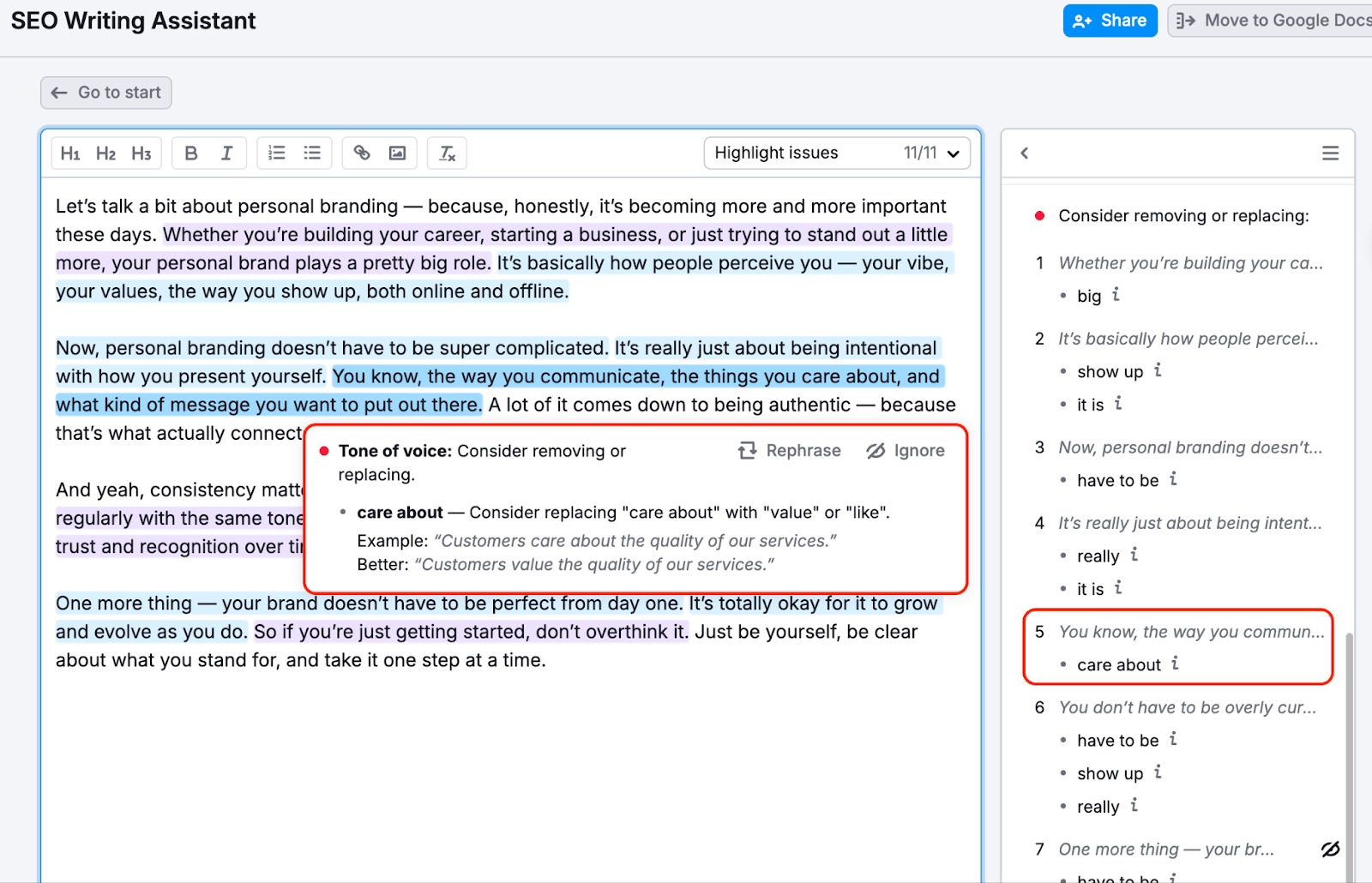 An example of how Tone of Voice shows filler words and phrases: in the menu on the right the suggestion is highlighted with a red rectangle, as well as the pop-up window with the expanded suggestion right above the text that needs rewriting. 