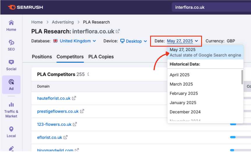 The date range selector in PLA Research.