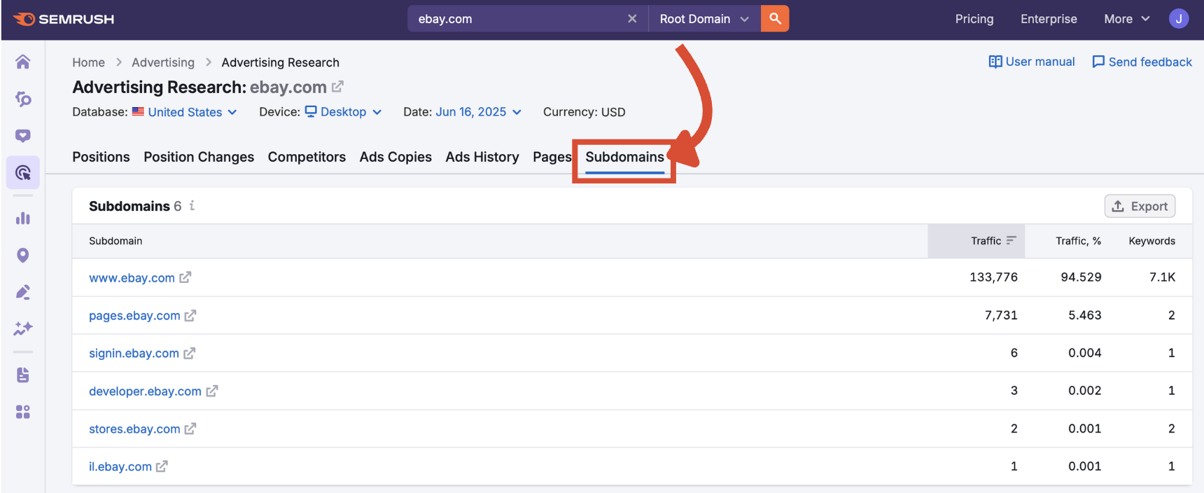 Subdomains tab selected in the Advertising Research navigation.