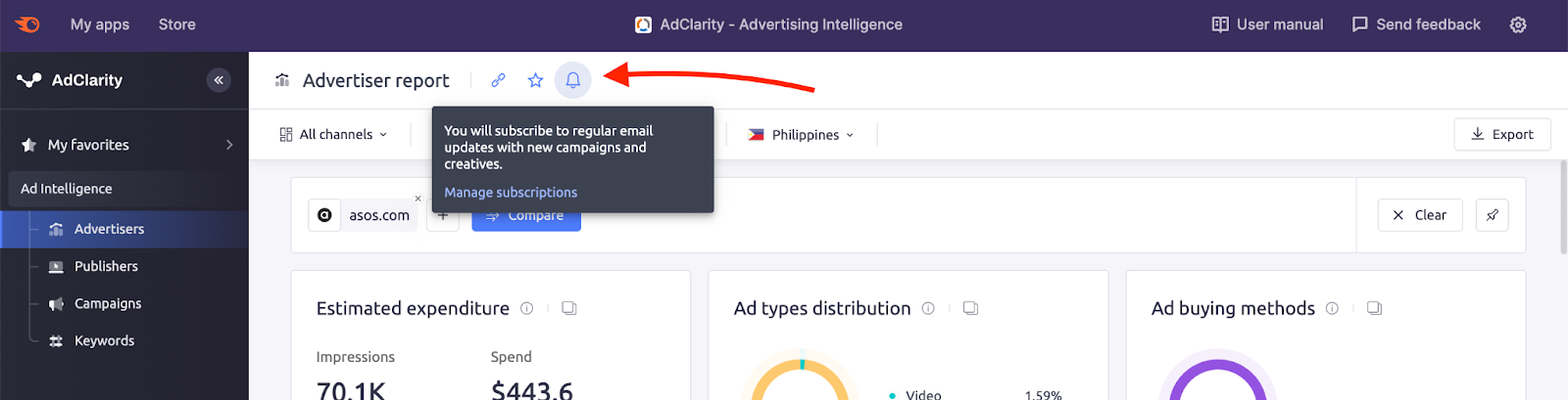 How to subscribe to advertisers and publishers in AdClarity — Advertising Intelligence.